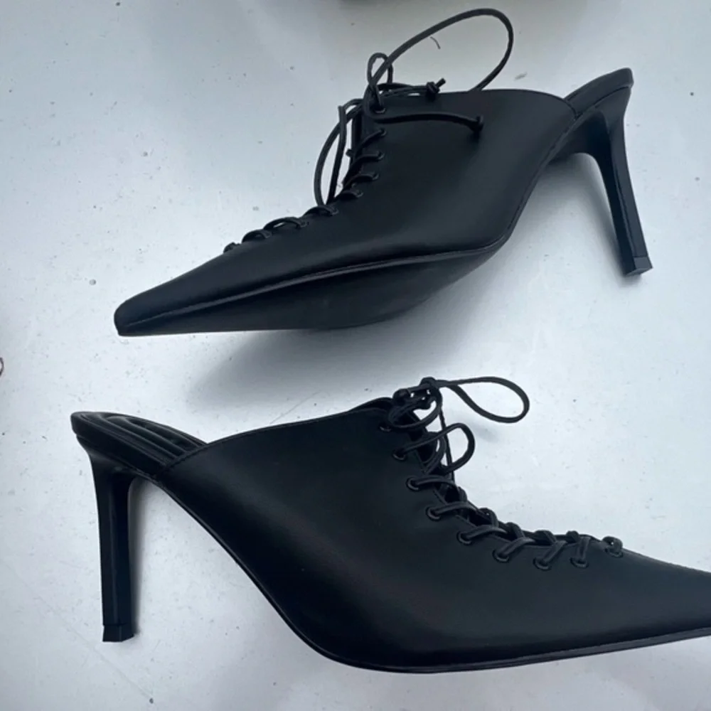 🆕OPEN EDIT Natalya Black Leather Lace Up Pointed Toe Mule Stiletto Pumps::NIB: